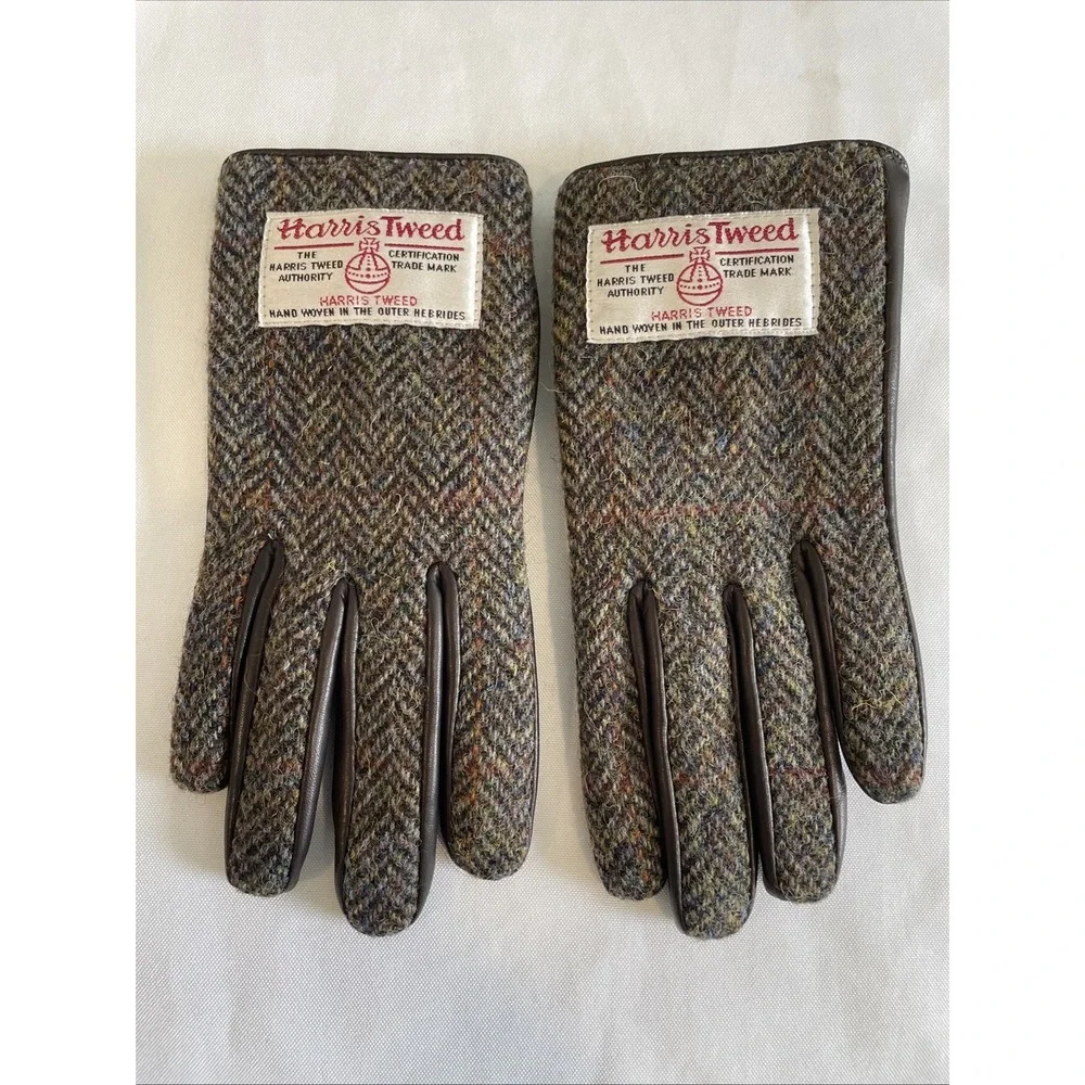 NWOT Harris Tweed Scotland Wool Leather Gloves S Brown Herringbone Peter James